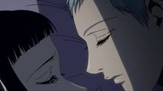 two anime characters one with blue hair and the other with grey hair looking at each other