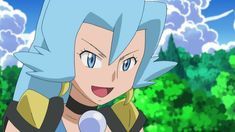 an anime character with blue hair in front of green trees and clouds, looking at the camera