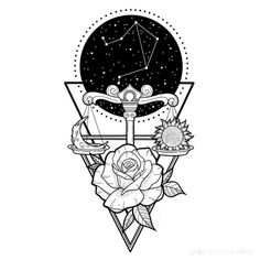 a black and white drawing of a rose with the zodiac sign in it's center