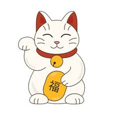 a white cat with chinese writing on it's chest holding an orange object in its paws