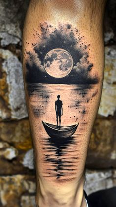a man standing on top of a boat in the ocean under a full moon tattoo