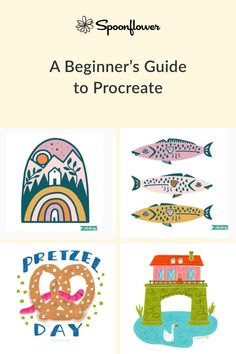 the cover for a beginner's guide to procreate, with four different illustrations
