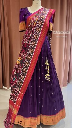 Purple Paithani Silk Lehenga For Diwali, Ikkat Half Saree Designs, Traditional Purple Paithani Silk Lehenga, Paithani Lehanga Designs, Patola Lehenga, Paithani Langa Voni, Patola Half Saree Lehenga, Patola Half Saree Blouse Designs, Patola Dupatta With Lehenga