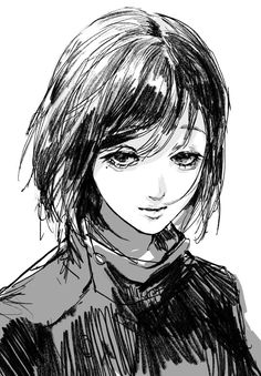 a black and white drawing of a woman with short hair wearing a collared shirt