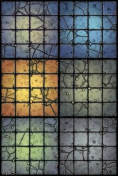 four different colored tiles with water drops on them