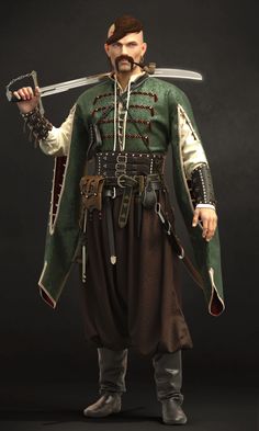 ArtStation - Ukrainian Cossack., Nina Chernyshenko Crusader Attire, Cossack Character Art, Cossack Fantasy Art, Fantasy Cossack, Cossack Warrior, Lithuanian Clothing, Slavic Armor Medieval, Cossack Outfit, Russian Traditional Clothing Male