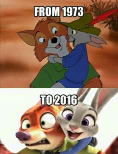 two cartoon characters, one in the middle and one in the background with caption from 1933 to 2016