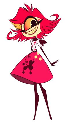 a cartoon girl with long red hair and big eyes wearing a pink dress, smiling