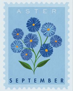 a stamp with blue flowers on it and the words aster written in green leaves