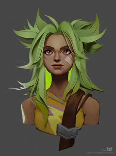 a digital painting of a woman with green hair and yellow shirt holding a brown tie