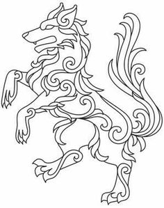 a drawing of a lion with swirls on it's body and tail, in black ink