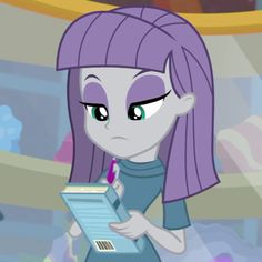 a cartoon character holding a clipboard and pen in her hand while looking at something