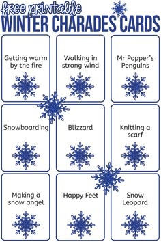printable winter charies cards with snowflakes and words on the front, in blue