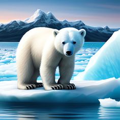 a polar bear is standing on an iceberg in the water with mountains in the background