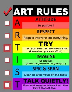 a poster with the words art rules on it in different colors and font options to describe