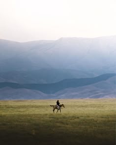 a person riding on the back of a horse across a field with mountains in the background