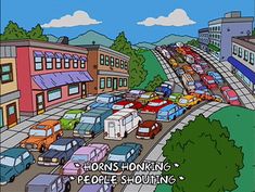 the cartoon cars are driving down the road in front of some buildings and traffic lights