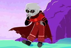 a cartoon character dressed in red and black standing next to a purple mountain with rocks