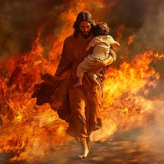 a man carrying a child in his arms while walking through a fire filled sky with flames behind him