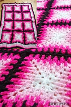 a pink and black crocheted blanket laying on top of a wooden floor next to a pillow