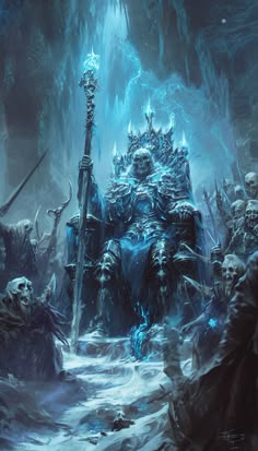a group of people standing in front of a giant ice throne with skulls on it