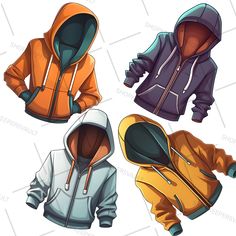 four different colored hoodies with zippers on the front and back, all in various colors