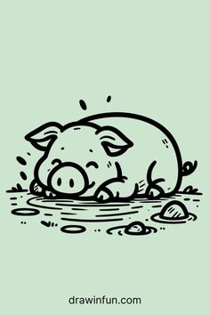 a black and white drawing of a pig laying in the water with its eyes closed