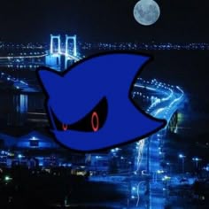 a blue sonic the hedgehog is in front of a cityscape at night