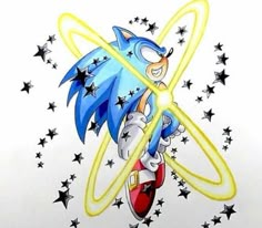 sonic the hedgehog is flying through the air with stars around him and holding a star in his hand