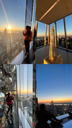 people standing on top of a tall building looking out at the city from inside it