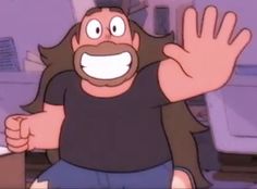 a cartoon character with his hands up in front of him and the other hand out