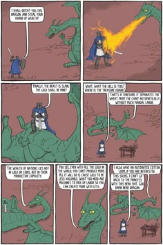 a comic strip with an image of a dragon and a knight on it's back