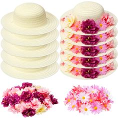 six different hats with flowers on them and one is white, the other has pink