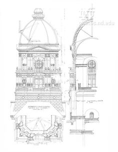 an architectural drawing of a building with a dome on the top and side, as well as