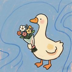 a drawing of a duck with flowers in it's beak, holding a bouquet