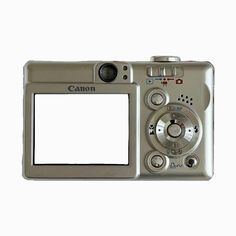 a silver camera with a white screen on the front and back side, taken from above