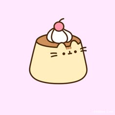 a cat with a cherry on top of it's head is sitting in front of a pink background