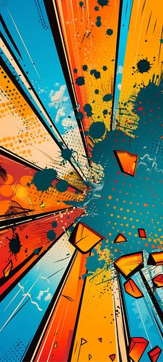 an abstract painting with blue, orange and yellow colors