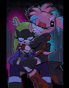 two cartoon characters hugging each other in front of a black background with pink and blue colors