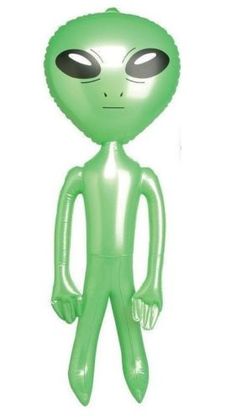 an inflatable green alien is standing upright