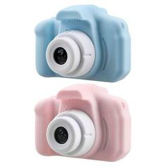 two cameras sitting side by side on top of each other, one is blue and the other is pink