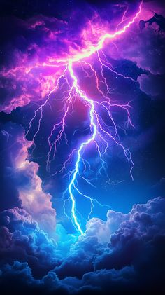 the sky is filled with purple and blue clouds, while lightning strikes in the distance