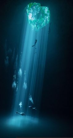 an underwater scene with sunlight streaming through the water