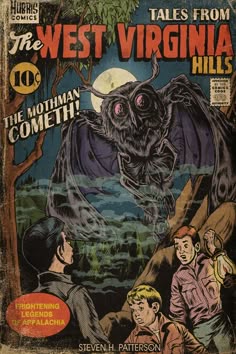 the west virginia hills magazine cover with an image of a bat flying over people and trees