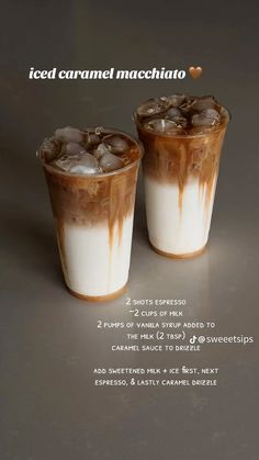 two cups filled with ice cream and topped with caramel macchiato sauces