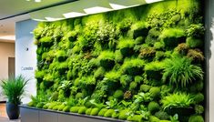 a green wall in an office with plants growing on it