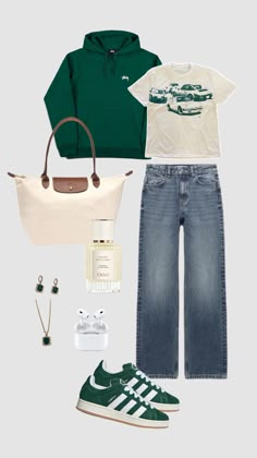#outfitinspo #campusoutfit #campus00s #adidascampus #greencampus00s #green #greenaesthetic #greenoutfit #beigeandgreen #lonchamp #cleangirl Red Adidas Outfit, Green Shoes Outfit, Outfit Campus, Adidas Outfit Shoes, Casual Outfit Inspiration, Shoes Outfit Fashion, Outfits With Converse, Adidas Outfit, Green Outfit