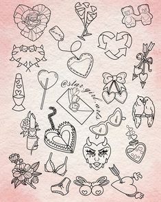 a bunch of tattoos on a pink background