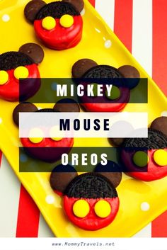 mickey mouse oreos on a yellow plate with the words mickey mouse oreos above them