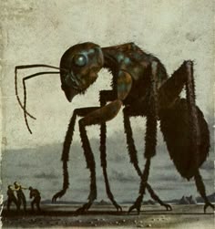 an illustration of a giant insect with two people standing around it and one man looking at the ground